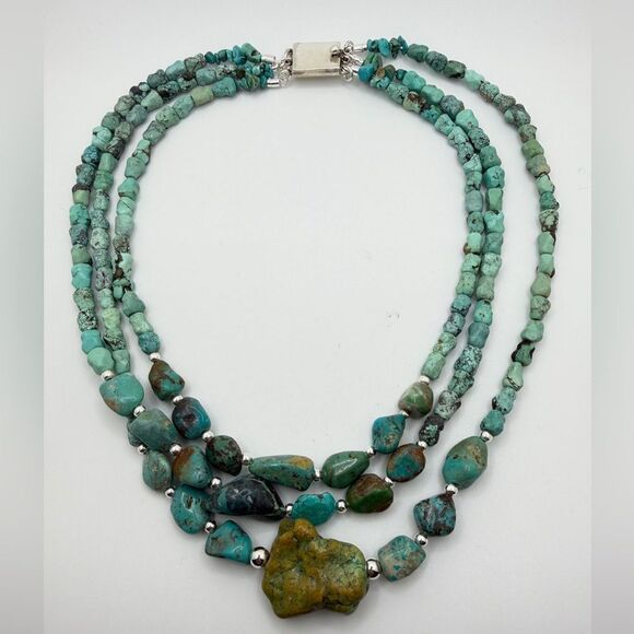 18"-22" Three strands of turquoise and 925 beaded necklace w/ VTG TAXCO clasp! - Picture 5 of 11